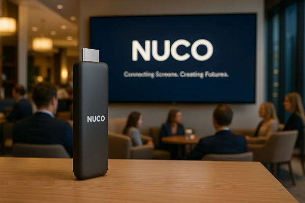 Nuco dashboard preview on a laptop controlling in-store screens